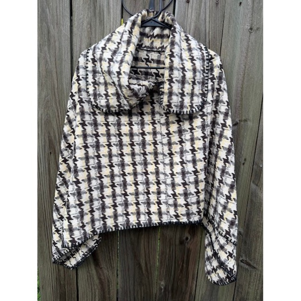 Houndstooth Unbranded Poncho Women OS Brown Yellow Cape Wrap Shawl Collar Snap